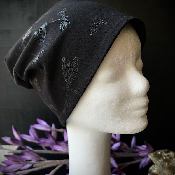 Beanie Libellen, Ton in Ton, Folie, Mütze, Slouchy, Damen, weich und kuschelig, Jersey, Wind/Wetter, Sommer/Winter - Gothic - Rockabilly