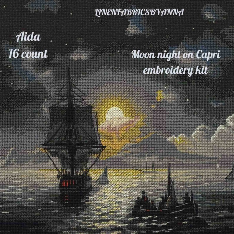 Art embroidery mother/'s day Gift cross stitch hand embroidery kit Moon Night on Capri by Aivazovsky classic painting modern embroidery