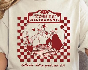 Camiseta vintage de Disney de La Dama y el Vagabundo, camiseta del restaurante Tony's de Walt Disney World, camiseta a juego para la familia de Disneyland.