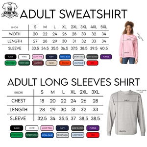 The image is a detailed size chart for an adult sweatshirt, including measurements for width, length, sleeve, and chest. It also provides a list of color options for the sleeves and a picture of a woman wearing the sweatshirt.