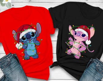 Disney Couple Santa Stitch And Angel Christmas Lights T-shirt, Mickey's Very Merry Xmas Party Matching Tee, Disneyland Family Trip Gift