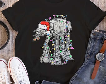 Star Wars Santa AT-AT Walker Christmas Lights Shirt, Star Wars Lovers Christmas Shirt, Disneyland Vacation Party Shirt, Galaxy'S Edge Shirt