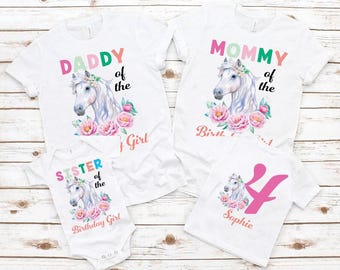 Family Matching Horse Birthday T-Shirt, Cute Sweet Floral Horse Back Riding Custom Personalized Boy Girl Kids Toddler Birthday Shirt Gift