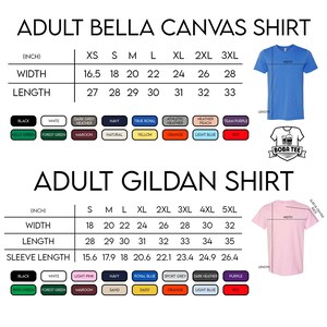 two shirts, one adult bella canvas shirt and one adult gildan shirt, along with their corresponding measurements and color options.