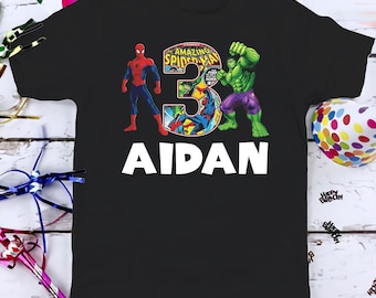 Avengers Spider-man and The Hulk Birthday T-Shirt, Custom Personalized Boy Girl Birthday Shirt, Kids Toddler Birthday Gift For Son Daughter