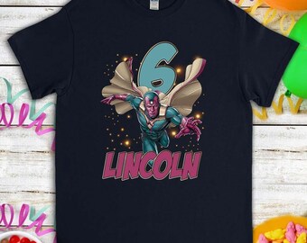 Camiseta de cumpleaños de superhéroe Wanda Vision, personalizada de Marvel para niño y niña, regalo de cumpleaños para niños pequeños para hijo e hija.