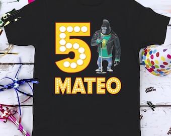 Camiseta de cumpleaños de Gorilla Johnny Sing, camiseta personalizada de cumpleaños de dibujos animados para niño y niña, regalo de cumpleaños para niños pequeños