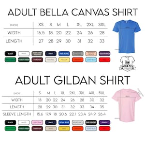 two shirts, one adult bella canvas shirt and one adult gildan shirt, along with their corresponding measurements and color options.