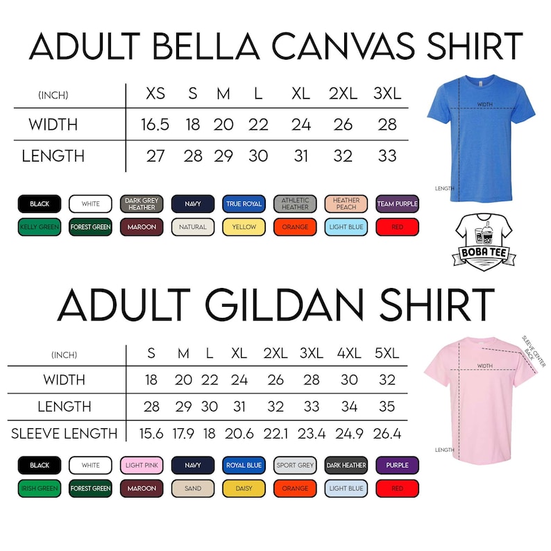 two shirts, one adult bella canvas shirt and one adult gildan shirt, along with their corresponding measurements and color options.