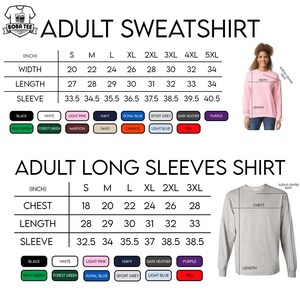 The image is a detailed size chart for an adult sweatshirt, including measurements for width, length, sleeve, and chest. It also provides a list of color options for the sleeves and a picture of a woman wearing the sweatshirt.