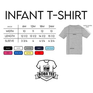 The image is a size chart for an infant t-shirt, providing measurements for different age groups and corresponding t-shirt sizes.