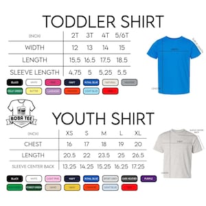 two shirts, one for a toddler and one for a youth, along with their corresponding measurements and color options.