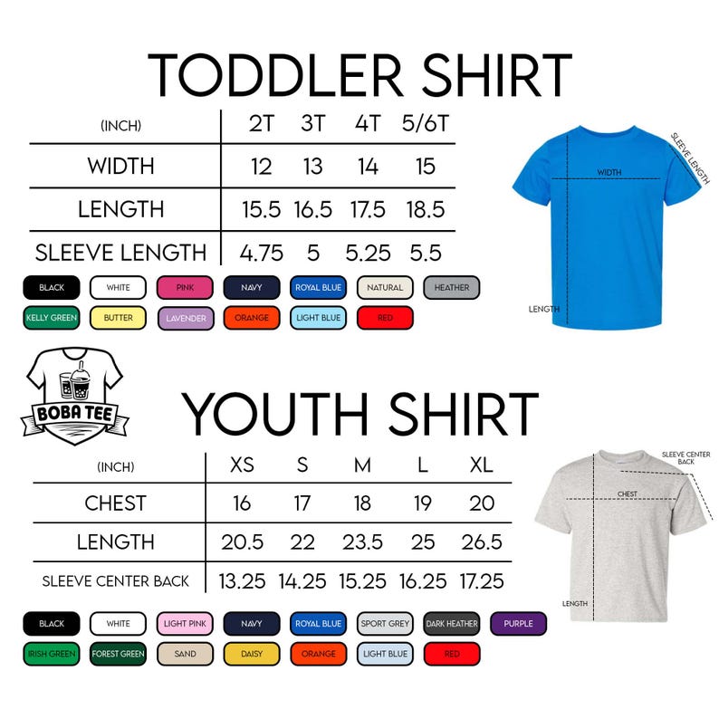 two shirts, one for a toddler and one for a youth, along with their corresponding measurements and color options.