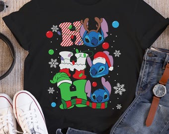 Disney Santa Stitch Ho Ho Ho Christmas Lights Shirt, Mickey's Very Merry Xmas Party Shirt, Disney Disneyland Holiday Vacation Trip Gift