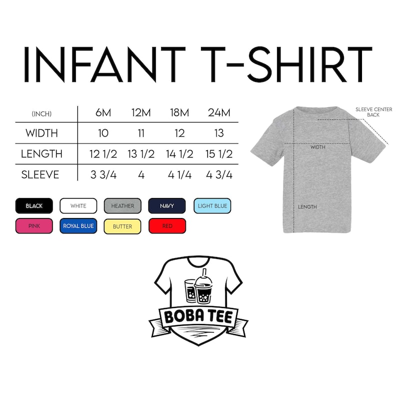 The image is a size chart for an infant t-shirt, providing measurements for different age groups and corresponding t-shirt sizes.