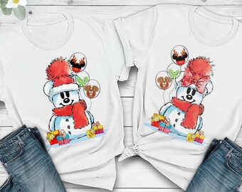 Disney Mickey And Minnie Snowman With Balloon Couple Matching Chrístmas Shirt, Funny Merry Xmas Party, Disneyland Vacation Holiday Gift