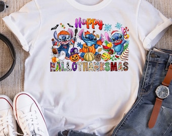 Cute Disney Stitch Happy HalloThanksMas Costume T-Shirt, Stitch Holiday Shirt, Halloween Thanksgiving Xmas Shirt, Holiday Matching Tee