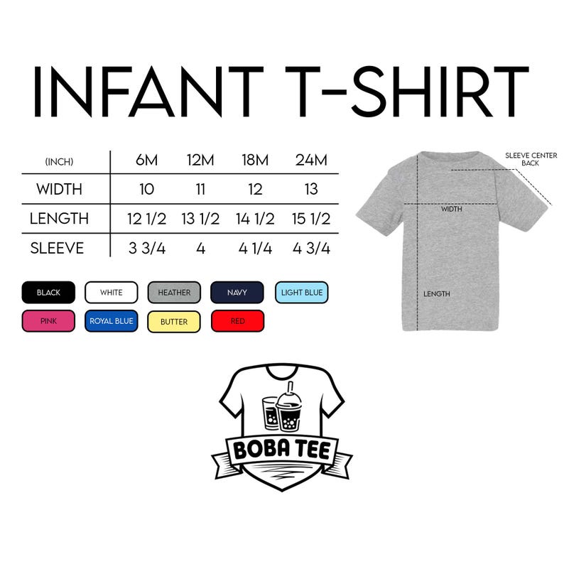 The image is a size chart for an infant t-shirt, providing measurements for different age groups and corresponding t-shirt sizes.