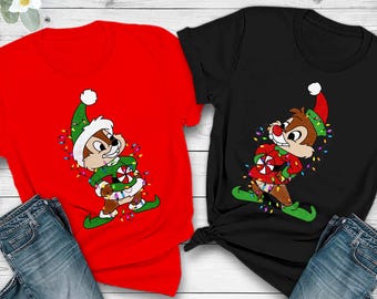 Disney Santa Chip And Dale Christmas Lights Shirt, Christmas Couples Double Trouble Shirt, Rescue Ranger Shirt, Disney Christmas Squad