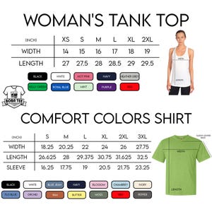 The image is a detailed size chart for a woman's tank top, including measurements for width, length, and sleeve length, along with color options. It also includes a photo of a woman wearing the tank top and a list of comfort colors.