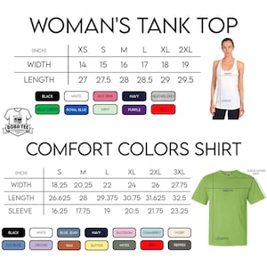 The image is a detailed size chart for a woman's tank top, including measurements for width, length, and sleeve length, along with color options. It also includes a photo of a woman wearing the tank top and a list of comfort colors.