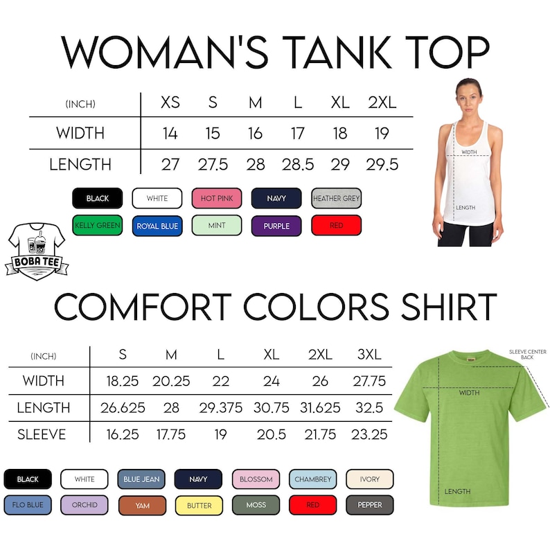 The image is a detailed size chart for a woman's tank top, including measurements for width, length, and sleeve length, along with color options. It also includes a photo of a woman wearing the tank top and a list of comfort colors.