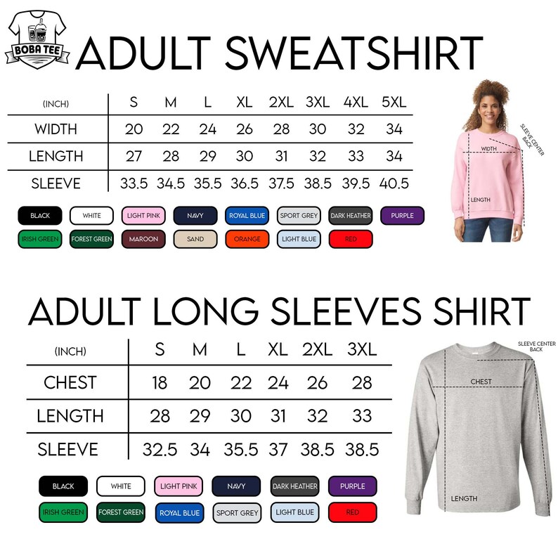 The image is a detailed size chart for an adult sweatshirt, including measurements for width, length, sleeve, and chest. It also provides a list of color options for the sleeves and a picture of a woman wearing the sweatshirt.