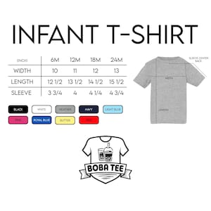 The image is a size chart for an infant t-shirt, providing measurements for different age groups and corresponding t-shirt sizes.