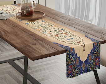 Persian Table Runner | Cotton Twill, Blue Floral Decor