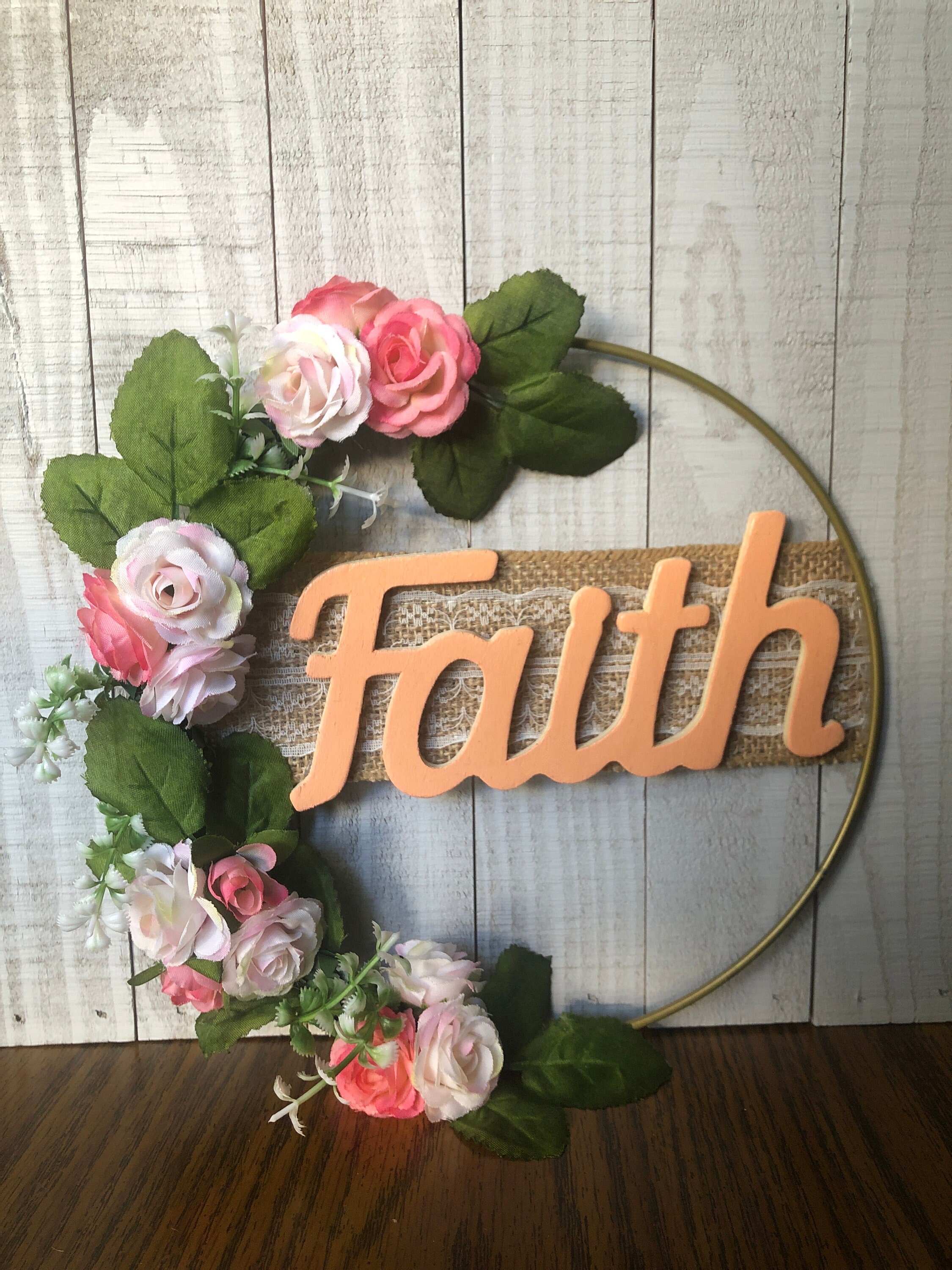 Pink and White Floral Faith Wreath With Burlap Etsy