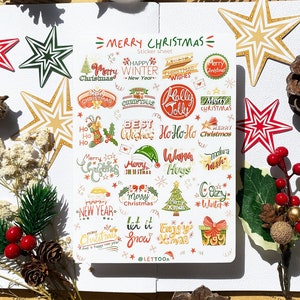 Hoja de pegatinas hecha a mano: pegatinas de Feliz Navidad/bullet journal, caligrafía navideña, pegatinas de vacaciones y Año Nuevo