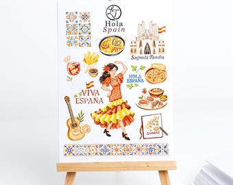 Foglio di adesivi Hola Spain - Adesivi da viaggio spagnoli / Barcellona, Flamenco, Sangria / Bujo, Planner, Album