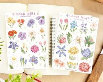 Handmade Sticker Sheet - Floral Desire & Flower Power | Journal Stickers, Planner Decoration, Beautiful Flowers, Created by LETTOOn