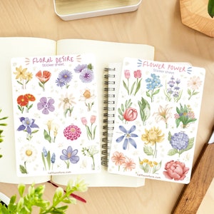 Feuille d'autocollants faits main - Désir floral et pouvoir des fleurs | Stickers pour carnet, décoration d'agenda, belles fleurs, création LETTOon