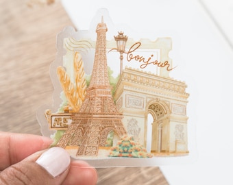Przezroczysta wodoodporna naklejka - Bonjour Paris. Wielokrotnego użytku i wymienne. Idealna do butelek, dzienników, telefonów i laptopów, projekt LETTOOn