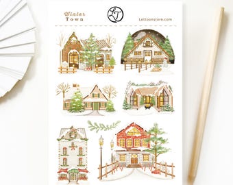 Sticker Sheet - Winter Town | Cozy Snowy House Stickers for Christmas | A6 Sticker Sheet | Matte or Textured | Perfect for Planner & Journal