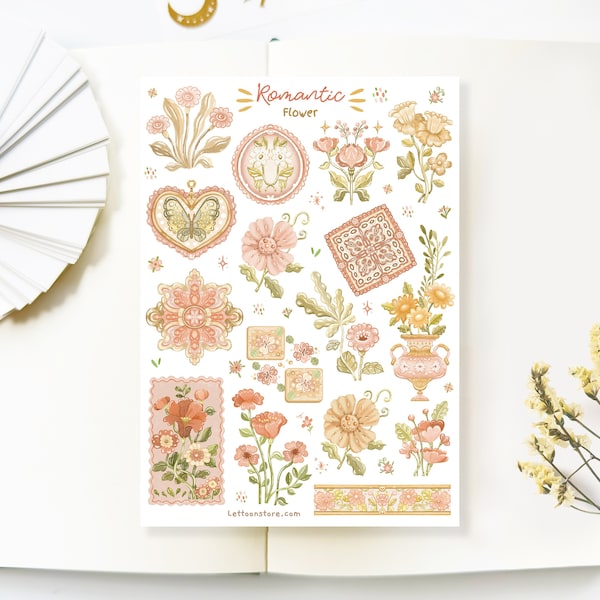 Feuille d'autocollants - Fleur romantique | Stickers pour carnet, décoration de scrapbooking, autocollants pour agenda, art floral, création LETTOon