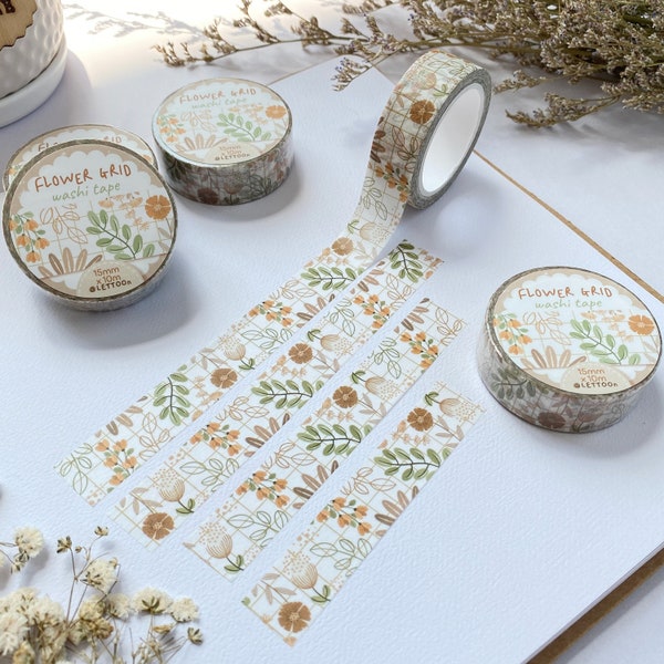 Washi Tape - Flower Grid | Journal Washi, Flower & Leaf Decoration, Planner Essentials, Created by LETTOOn