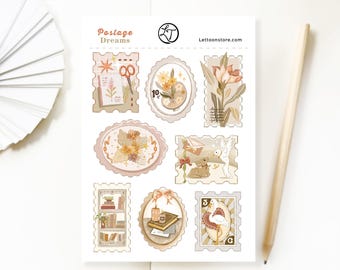 May include: A sticker sheet titled Postage Dreams featuring various rectangular and oval postage stamp designs. Illustrations include floral arrangements, a bookshelf, a rabbit with a bird, a flamingo, and stationery items in muted earth tones.