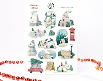Sticker Sheet - Winter Village | Hand-Drawn No AI Art, 14 Matte Stickers, Ice Skaters and Snowman