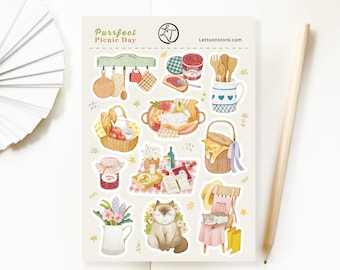 Cat Picnic Day Sticker Sheet – Spring Journal Planner Stickers