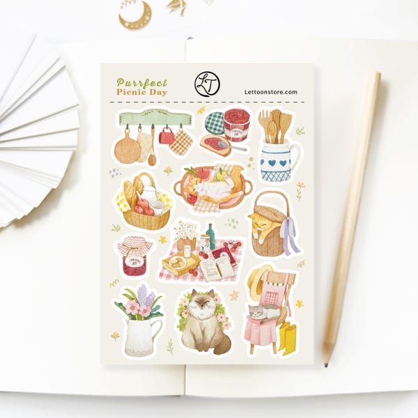 Cat Picnic Day Sticker Sheet – Spring Journal Planner Stickers