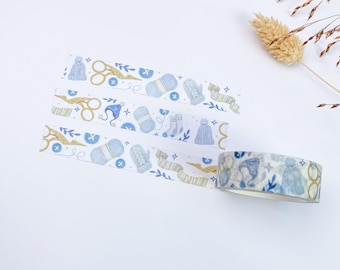 Washi Tape - Winter Knitting | Hand-Drawn No AI Art, Blue Mittens and Yarn, 15mm x 10m
