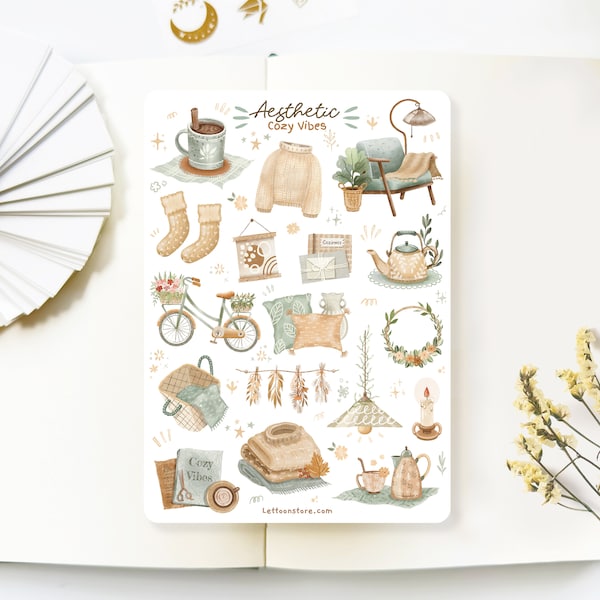 Feuille d'autocollants - Aesthetic Cosy Vibes | Stickers journaux, stickers saison, stickers agenda, création LETTOon