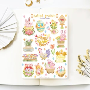 Folha de Adesivos Artesanais - Páscoa | Adesivos estéticos de papelaria com coelhinhos e flores. Ótimos para diários, envelopes e cartões