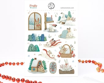 Bunny Sticker Sheet - Fluffy Winter | Hand-Drawn No AI Art, 12 Waterproof Matte Stickers, Snow Rabbits