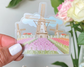 Duidelijke windmolen tulp sticker | Waterdichte Nederland Sticker om je herbruikbare fles, telefoon, laptop en meer te versieren! Gemaakt door LETTOOn