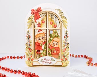 Christmas Card - Window Frame | Hand-Drawn No AI Art, Happy Holidays Card, Christmas Tree Through the Window, Single or Pack of 10
