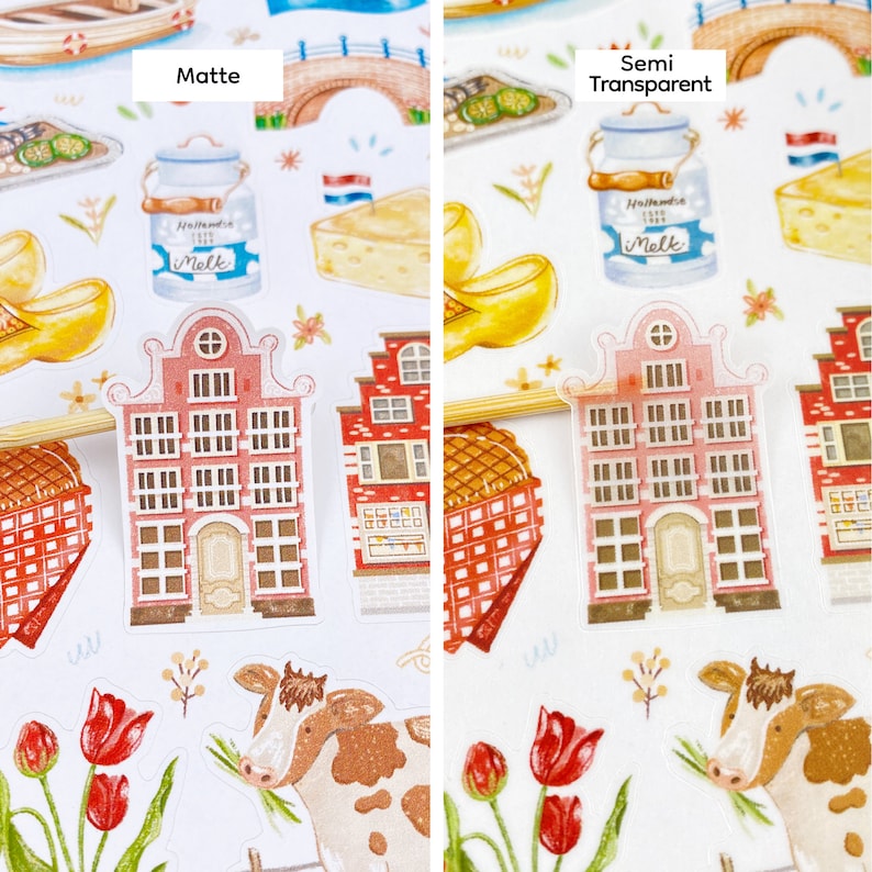 May include: Two images showing the difference between matte and semi-transparent stickers. The stickers feature Dutch-themed illustrations, including a red brick house, a cow, tulips, a milk jug, and a wooden clog.