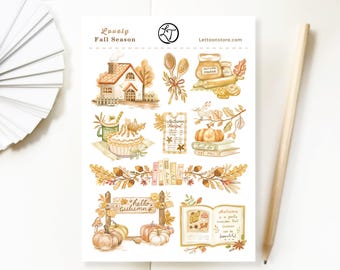 Handmade Sticker Sheet - Lovely Fall Season | Stationery Journal Stickers, Scrapbook Decoration, Planner Stickers, Created by LETTOOn